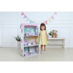 Drewniany domek dla lalek + mebelki wysoka rezydencja Jagodowa ECOTOYS