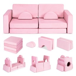 Sofa składana modułowa dla dzieci duża 2-osobowa DIY 10 miękkich poduch - różowa ECOTOYS