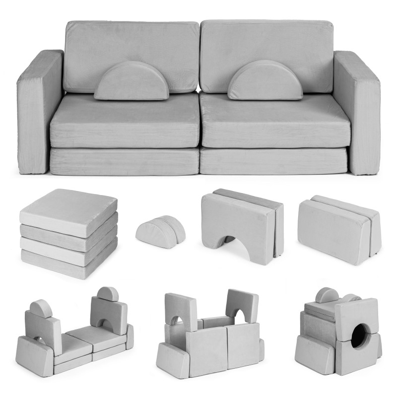 Sofa składana modułowa dla dzieci duża 2-osobowa DIY 10 miękkich poduch - szara ECOTOYS
