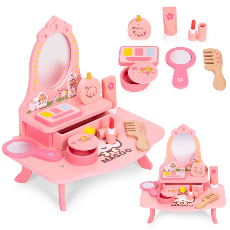 Drewniana toaletka dla dzieci z lustrem i szufladą 7 akcesoriów ECOTOYS