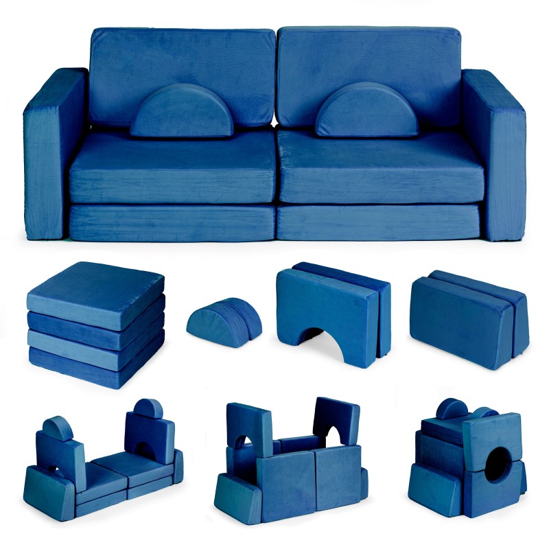 Sofa składana modułowa dla dzieci duża 2-osobowa DIY 10 miękkich poduch - niebieska ECOTOYS