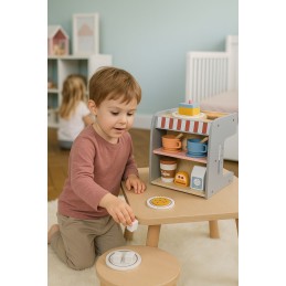 Drewniany ekspres do kawy dla dzieci 2w1 sklepik zestaw baristy 26 akcesoriów ECOTOYS