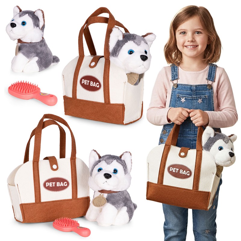 Pluszowy piesek w torebce husky maskotka dla dziecka + szczotka do pielęgnacji