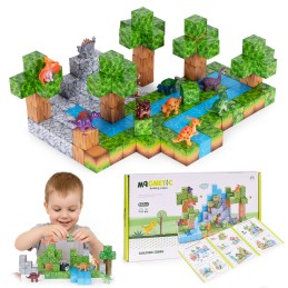 Klocki magnetyczne konstrukcyjne zestaw dla dzieci 142 elementy sześciany dinozaury