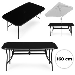 Stół ogrodowy 160x90 cm szkło hartowane otwór na parasol czarny MultiGarden
