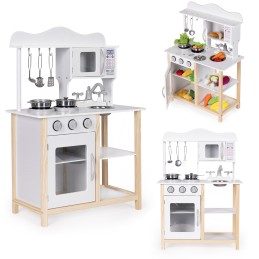 Drewniana kuchnia dla dzieci z piekarnikiem i akcesoriami do gotowania - biała ECOTOYS