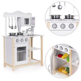 Drewniana kuchnia dla dzieci z piekarnikiem i akcesoriami do gotowania - biała ECOTOYS