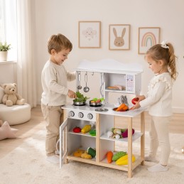 Drewniana kuchnia dla dzieci z piekarnikiem i akcesoriami do gotowania - biała ECOTOYS