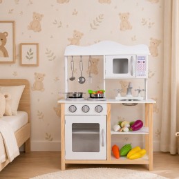 Drewniana kuchnia dla dzieci z piekarnikiem i akcesoriami do gotowania - biała ECOTOYS