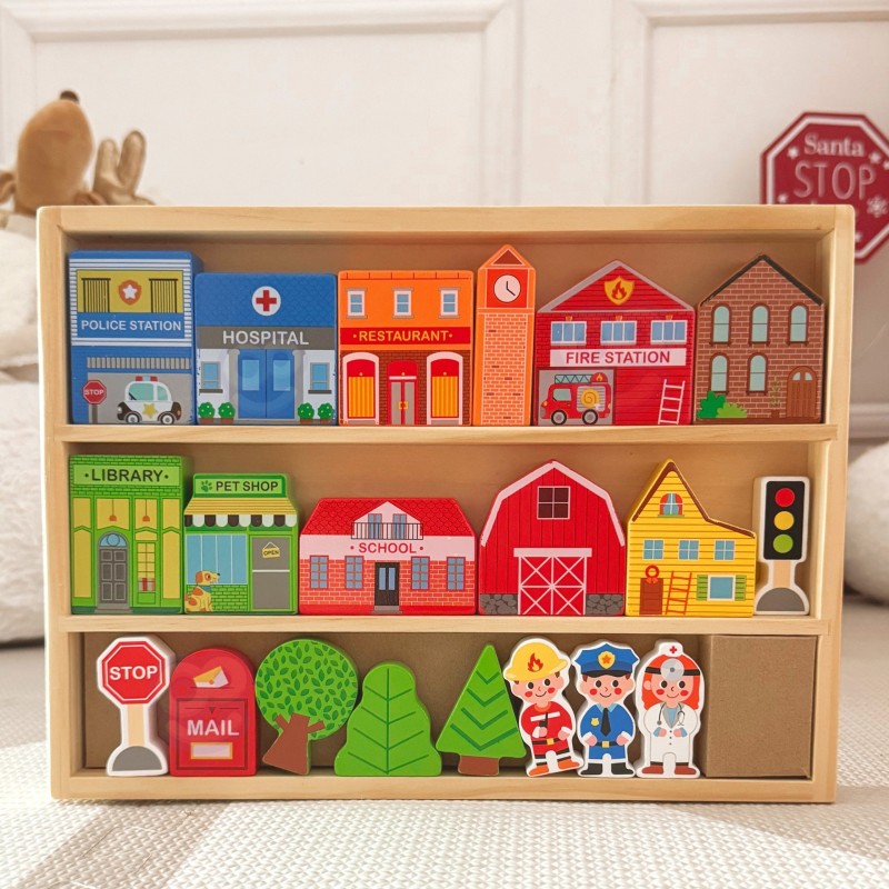TOOKY TOY Drewniany Zestaw Budynków i Figurek Miasto