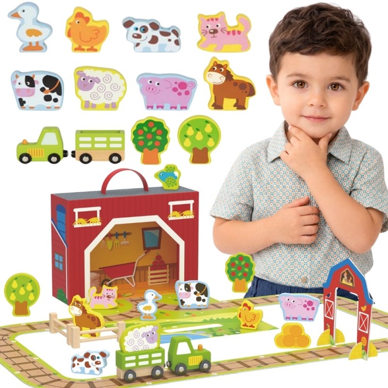 TOOKY TOY Drewniana Farma w Walizce Figurki Pojazdy