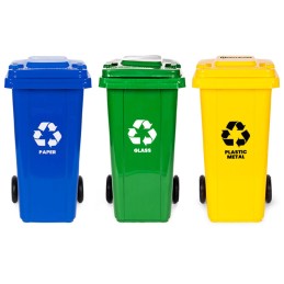 Zestaw 3 koszy na śmieci pojemniki 3x120L niebieski zielony żółty makulatura szkło plastik gumowe koła