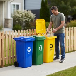 Zestaw 4 koszy na śmieci pojemniki 4x120L niebieski zielony żółty czarny makulatura szkło plastik odpady zmieszane gumowe koła