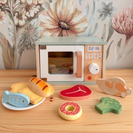 TOOKY TOY Drewniana Kuchenka Mikrofalowa Zestaw Produktów Spożywczych