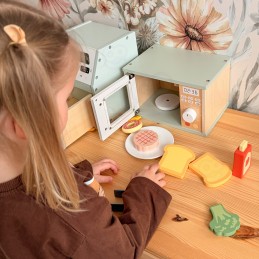 TOOKY TOY Drewniana Kuchenka Mikrofalowa Zestaw Produktów Spożywczych