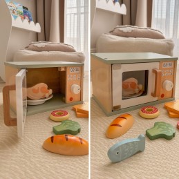 TOOKY TOY Drewniana Kuchenka Mikrofalowa Zestaw Produktów Spożywczych