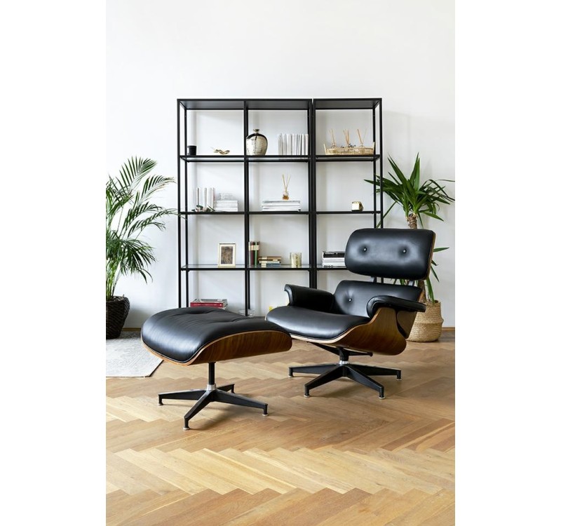 Fotel LOUNGE HM czarny / orzech  z podnóżkiem