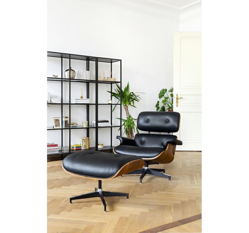 Fotel LOUNGE HM czarny / orzech  z podnóżkiem