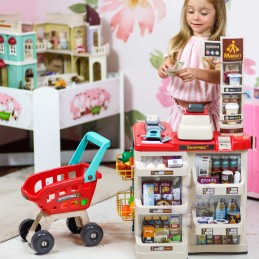 WOOPIE Sklep Supermarket z Wózkiem Sklepowym Waga Kasa Skaner + 48 Akc.