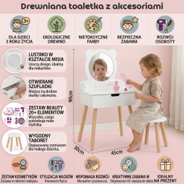 VIGA Toaletka Kosmetyczna Drewniana dla Dzieci Biała z Lustrem + Torebka