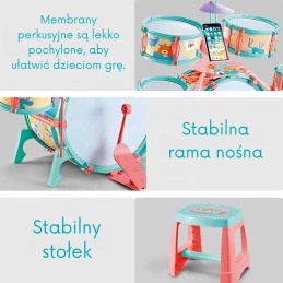 WOOPIE Perkusja Edukacyjna dla Dzieci 5 Bębnów 1 Talerz + Taboret z Motywem Zwierzątek