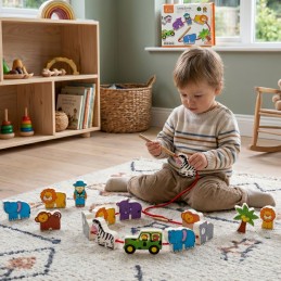 VIGA Drewniana Nawlekanka Przeplatanka Klocki Safari ZOO Montessori