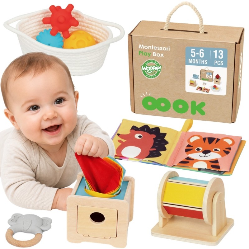 WOOPIE GREEN Box Pudełko XXL Montessori Edukacyjne 6w1 Sensoryczne 5-6 Miesięcy 13el. FSC