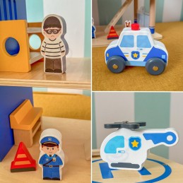 VIGA Drewniany Komisariat Policji Radiowóz Zestaw Domek 3 poziomy 14 el