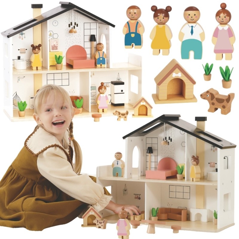 TOOKY TOY Drewniany Domek dla Lalek z Akcesoriami i Rodzinką 20 el.