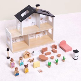 TOOKY TOY Drewniany Domek dla Lalek z Akcesoriami i Rodzinką 20 el.