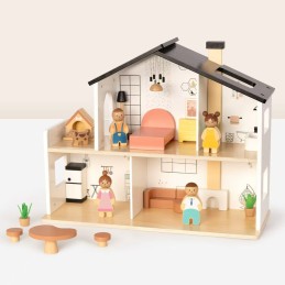 TOOKY TOY Drewniany Domek dla Lalek z Akcesoriami i Rodzinką 20 el.