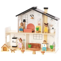 TOOKY TOY Drewniany Domek dla Lalek z Akcesoriami i Rodzinką 20 el.