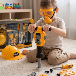 WOOPIE Zestaw Narzędzi Małego Majsterkowicza Gogle Kask Młot Pneumatyczny 21el.