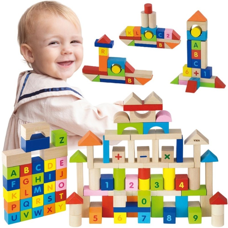 VIGA Klocki Drewniane Edukacyjne 100 elem. Cyferki Literki