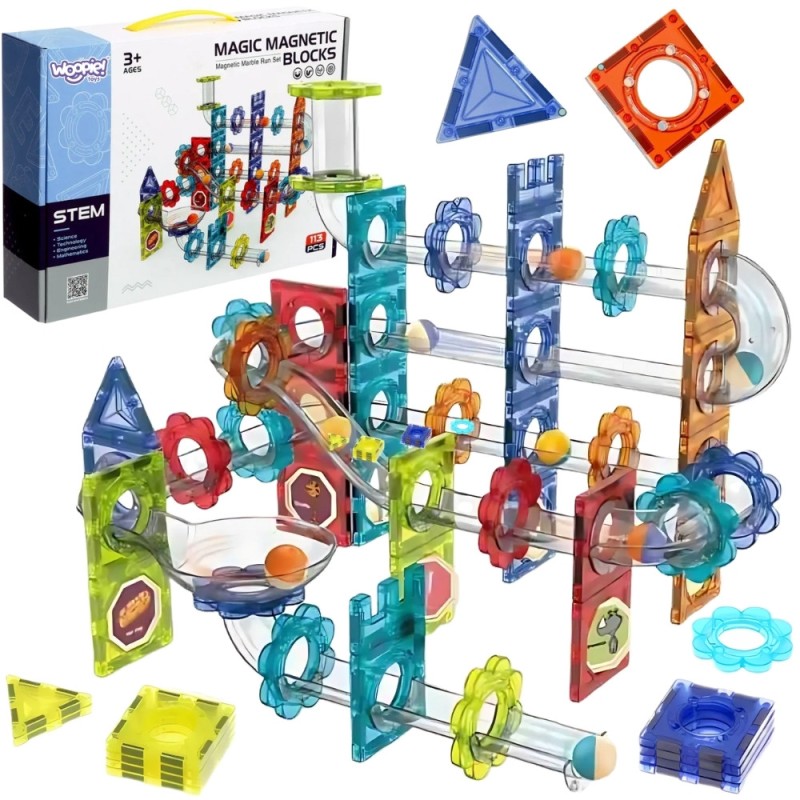 WOOPIE Klocki Magnetyczne Konstrukcyjne 3D Zestaw Edukacyjny Tor Kulkowy Kulodrom 113 el.