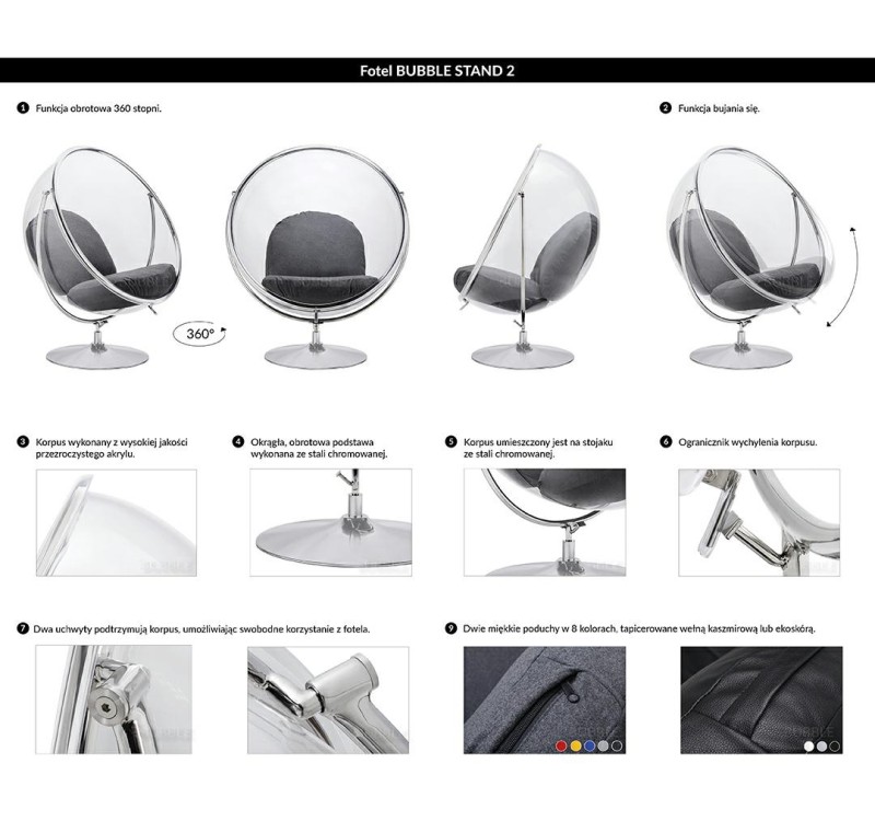Fotel BUBBLE STAND 2 poduszka szara - akryl, chrom, wełna