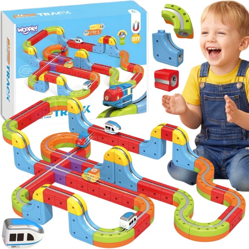 WOOPIE Magiczna Kolejka Kostkowa Klocki Konstrukcyjne Tor Antygrawitacyjny Magnetyczny 68el.