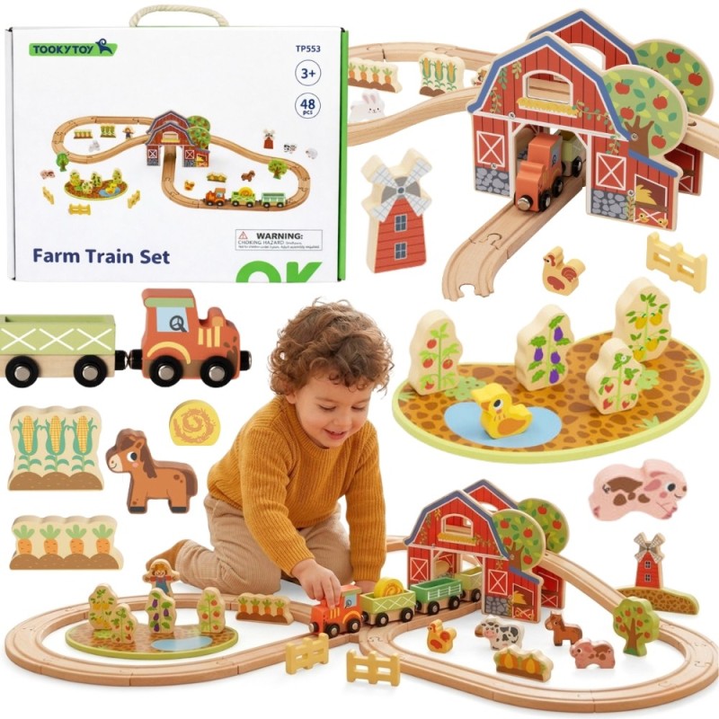 TOOKY TOY Drewniana Kolejka Farma Zestaw 48 el.
