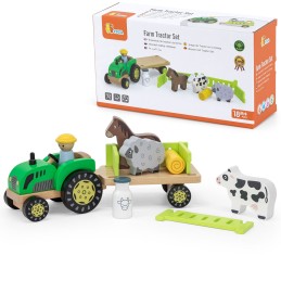 Viga Drewniany Traktor z Przyczepą Figurki Zwierząt Farma Zestaw Edukacyjny