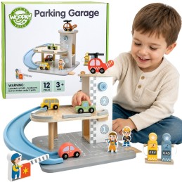 WOOPIE GREEN Drewniany Parking Piętrowy 2w1 Stacja Benzynowa z Autkami i Figurkami 12 el. FSC