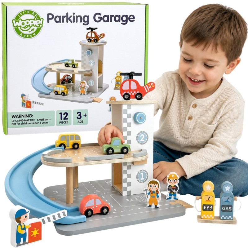 WOOPIE GREEN Drewniany Parking Piętrowy 2w1 Stacja Benzynowa z Autkami i Figurkami 12 el. FSC