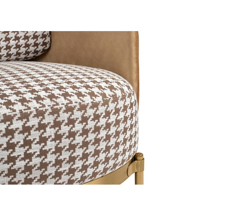 Fotel VENICE tkanina pepitka biało-brązowa - złota podstawa