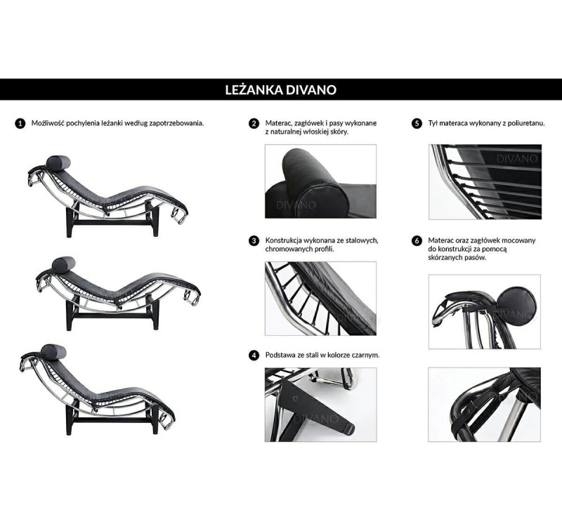 Leżanka DIVANO PONY czarno biała - skóra naturalna, chrom