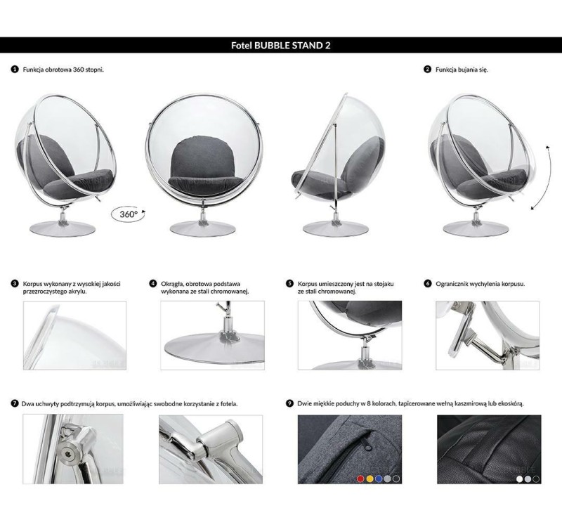 Fotel BUBBLE STAND 2 poduszka żółta - akryl, chrom, wełna