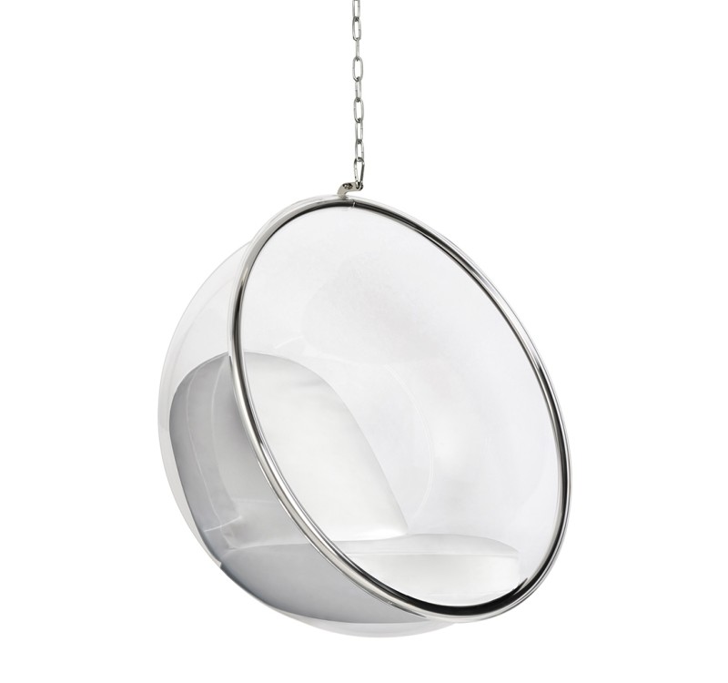 Fotel wiszący BUBBLE poduszka  biała - korpus akryl, poduszka ekoskóra