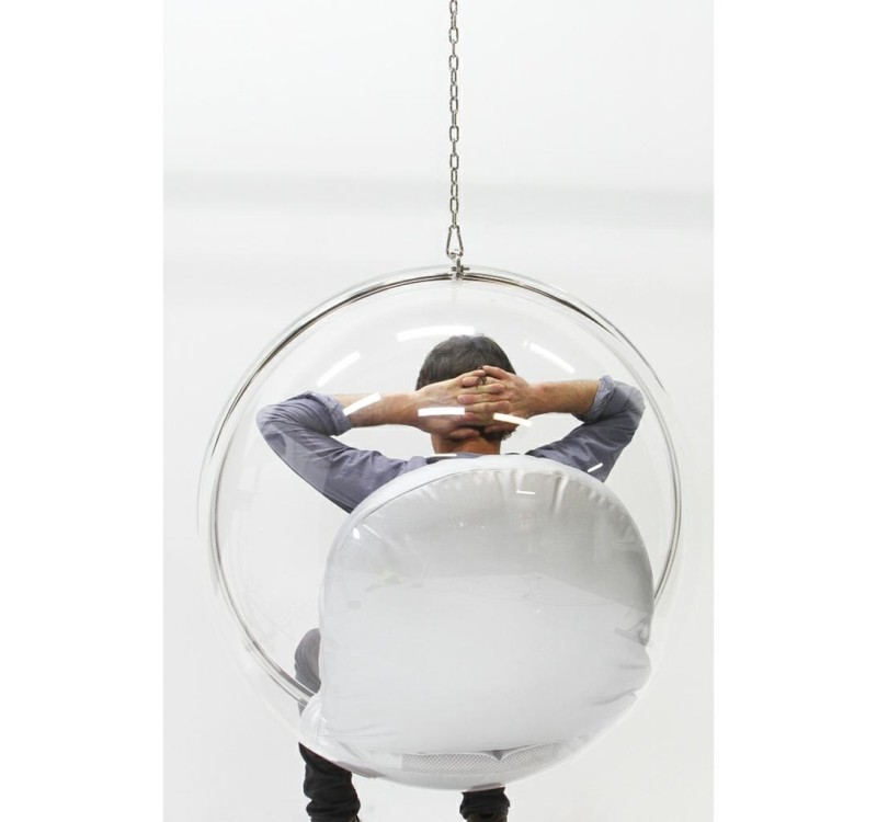 Fotel wiszący BUBBLE poduszka  biała - korpus akryl, poduszka ekoskóra